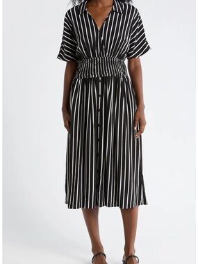 Ellen Tracy Black and White Vertical Stripe Midi Dress